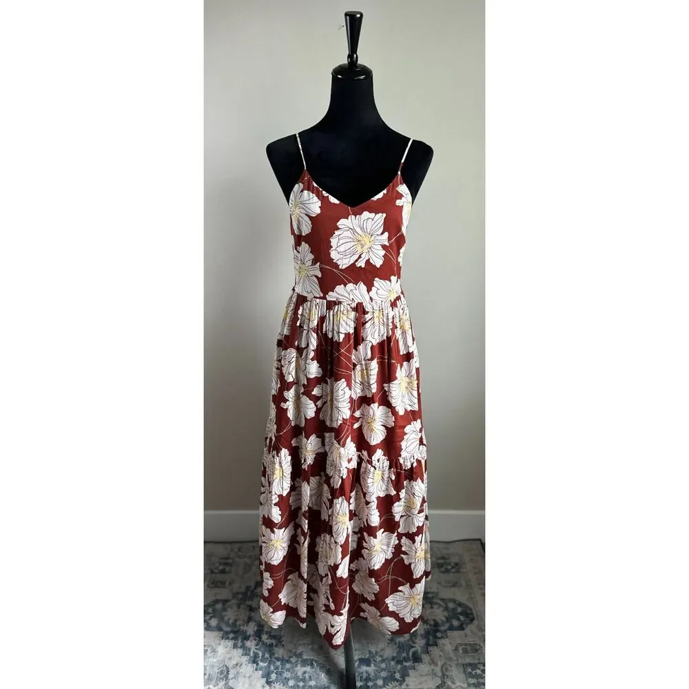 GAP | Strappy Cami Maxi Floral Print Tiered Maxi Dress in Rust Brown Size 2 - Picture 1 of 9